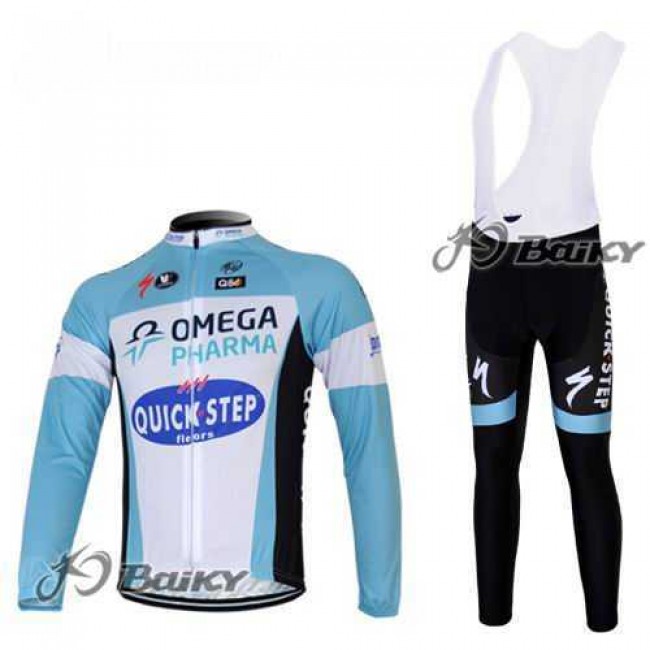 Omega Pharma Quick Step Pro Team Fietskleding Set Wielershirts Lange Mouw+Lange Fietsbroeken Bib Blauw Wit Omega Pharma Quick Step Pro Team Fietskleding Set Wielershirts Lange Mouw+Lange Fietsbroeken Bib Blauw Wit