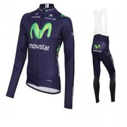 2016 Movistar Wielerkleding Set Wielershirt Lange Mouwen+Lange Fietsbroeken Bib Vliezen Blauw